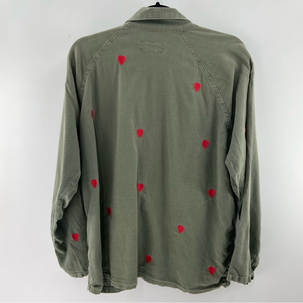 THE GREAT. Olive Green Utility Jacket with Red Heart Embroidery - Picture 5 of 9